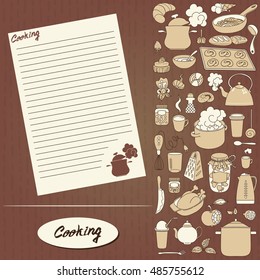 Design of recipes book. Hand drawn doodles objects food and utensils. Cookbook. 