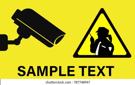 Design of a recording sign with surveillance camera icon and woman security guard in warning sign.	