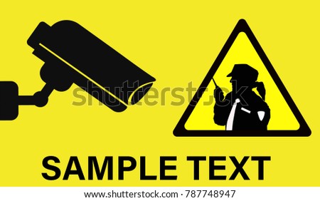 Design of a recording sign with surveillance camera icon and woman security guard in warning sign.	