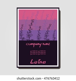 Design rectangular brochure in floral style. Vector. Striped background in shades of purple. There is space for your company name, logo and contact regime data.