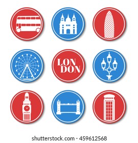 The design of red and blue stickers from London's major tourist sites. Set of icons on a white background. Vector illustration