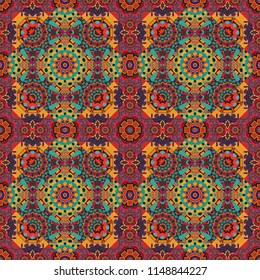 Design in red, brown and blue colors. Islam, Arabic, Indian, ottoman motifs. Vector multicolor pattern in turkish style. Seamless ceramic tile with colorful patchwork.