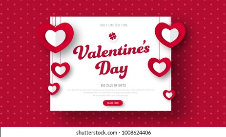 Design red header for sale on Valentine's Day. Vector banner template with a hovering white frame for text, and hung on a string with hearts and a button.