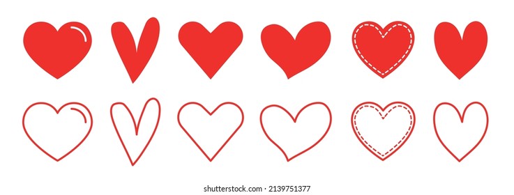 Diseñar conjunto de iconos de formas de corazón rojo. Simple ilustración de 14 corazones para el día de amor o el día de San Valentín