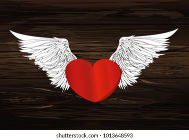 Design red heart with wings. Vector. On woodwn background.