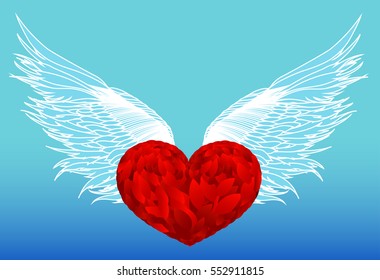 Design red heart with wings. Vector. Isolated on blue  background