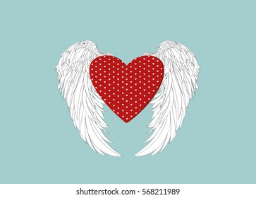 Design red heart with wings. Vector. Isolated on blue background