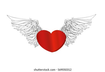 Design red heart with wings. Vector. Isolated on white background