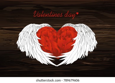 Design red heart with wings. Vector on wooden background.