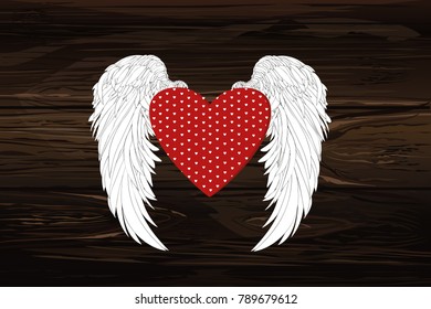 Design red heart with wings. Vector on wooden background.