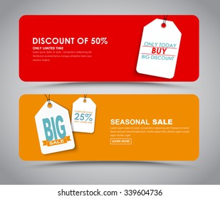 The design of red and orange banners for sale with white tags. Vector illustration. Set.