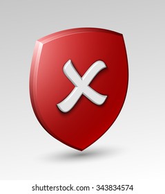 Design red shield with cross mark. Vector illustration