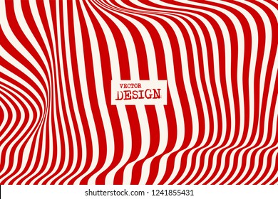 Design red waving lines illusion background. Abstract stripe distortion backdrop. Zebra style decoration. Wallpaper with empty space for your text. Vector illustration