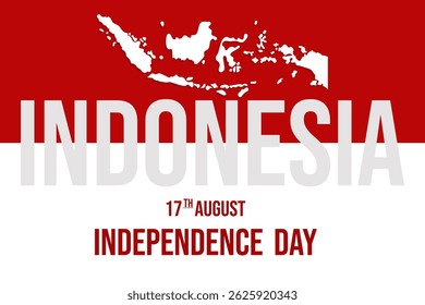 Un diseño con un fondo rojo y blanco, un mapa blanco de Indonesia en rojo y el texto del "DÍA DE LA INDEPENDENCIA DE INDONESIA DEL 17 DE AGOSTO" en blanco y rojo. Ideal para temas patrióticos.