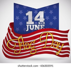 Design with red and white striped banner and blue starry ribbon commemorating American Flag Day.