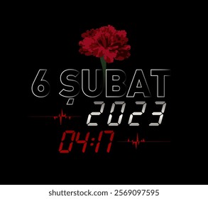 A design referencing the February 6, 2023, Kahramanmaraş earthquakes, featuring a red carnation and digital clock visuals, symbolizing remembrance of those lost in the disaster