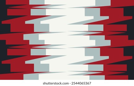 Design com padrão de ziguezague regular e forte contraste de cores de vermelho, cinza e branco, cria visual intenso. Ideal para papel de parede com tema industrial ou pôster