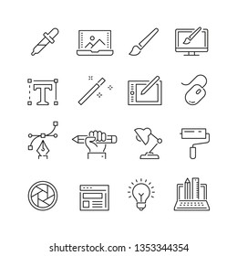 Design related icons: thin vector icon set, black and white kit