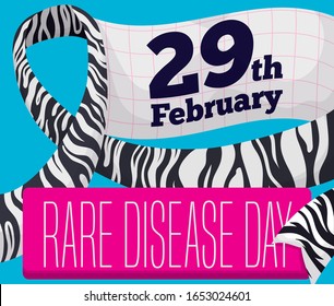 Design with reminder date in squared paper and zebra print ribbon promoting to celebrate Rare Disease Day this 29th February -in leap year-.