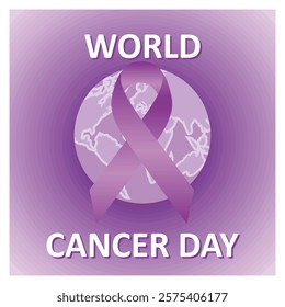 Design representing World Cancer Day, featuring a purple ribbon over a globe silhouette. Highlights cancer awareness, global unity, and support for patients and advocates through meaningful visuals. 