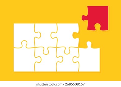 The design represents connection, balance, problem solving, teamwork, and strategy in business and economics. Bright yellow background with red and white contrast for modern visual impact.