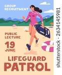 Design of rescue on the water lecture even poster with woman lifeguard. Advertising template of safety at sea and beach. Layout of hiring life guards for rescuer patrol. Flat vector illustration