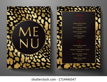 Design Restaurant Menu template with animal print (leopard). Luxe black and gold frame pattern (border). Elegant cover useful for Creative Cafe Menu, brochure, coffee house, wedding invitation design
