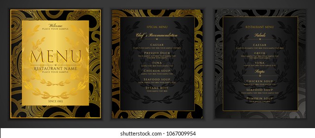 Design Restaurant Menu template in black color with gold frame pattern (border). Elegant luxe black and gold cover useful for Creative Cafe Menu, brochure, coffee house, wedding invitation design