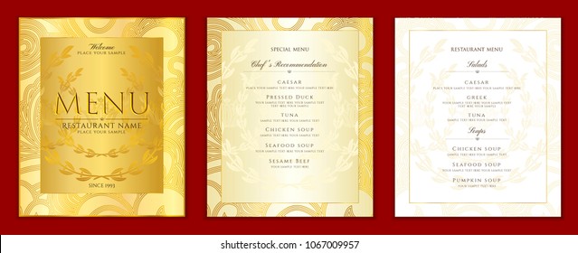 Diseño de la plantilla del menú del restaurante en color negro con un patrón de marco dorado (borde). Elegante portada de oro de lujo útil para el menú Cafe, folleto, casa de café, diseño de invitación a la boda