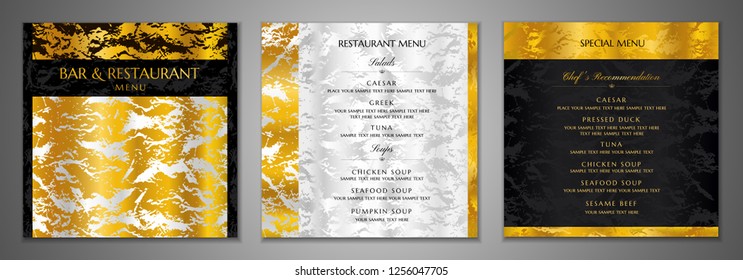 Design Restaurant Menu template. Gold, silver marble textured with black pattern (border). Elegant luxury cover useful for Cafe, bar Menu, wedding invitation. Vector mockup