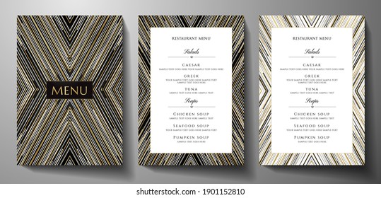 Design Restaurant Menu Template With Gold, Black, Silver Glitch Lines On Black Background. Luxury Frame Pattern (stripe Border). Elegant Cover Useful For Creative Cafe Menu