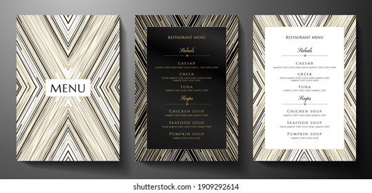 Design restaurant menu template with gold, black, silver glitch lines on black background. Luxury frame pattern (stripe border). Elegant cover useful for Creative Cafe Menu, planner, notebook