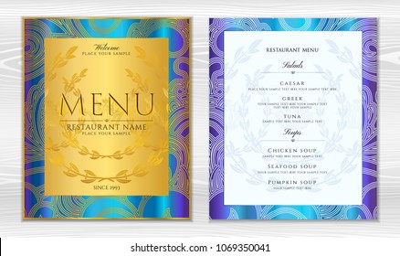 Design Restaurant Menu template on Hologram background, blue color with gold frame pattern (frame border). Elegant luxe golden cover for Cafe Menu, brochure, coffee house, wedding invitation design