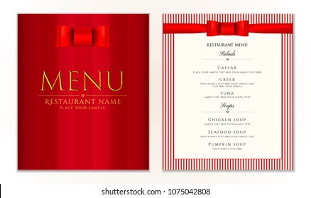 Design Restaurant Menu template with red bow (ribbon) and strips. Elegant luxe cover useful for Cafe Menu, Restaurant Menu, brochure, wedding invitation design