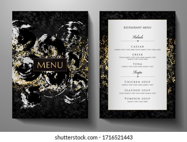 Design restaurant menu template with silver golden abstract texture. Luxe black and gold frame pattern (border). Elegant cover useful for Creative Cafe Menu, brochure, wedding invitation design