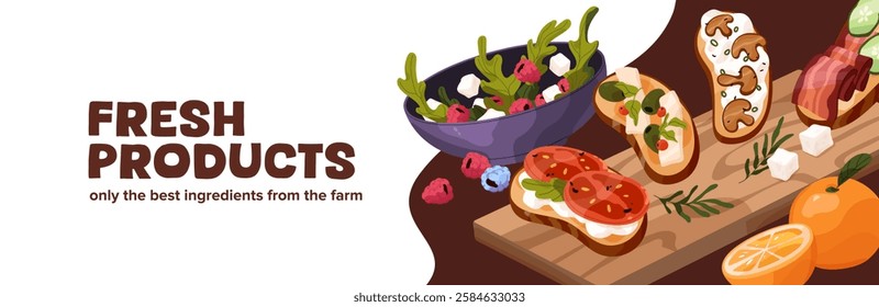 Design of restaurant's advertising banner. Food composition on promotion template of cafe. Cooked eating, served meals, snacks, fastfood with salad, bruschettas on layout. Flat vector illustration