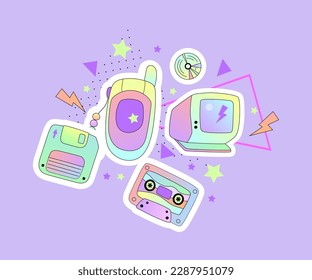 Design with retro objects for invitation, retro poster, banner, disco party. 90s vibes. Vector illustration.