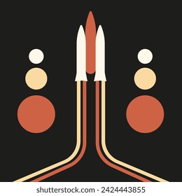 Design retro poster with Rocket isolated black background. Geometric cosmic banner in trendy vintage style. Design t-shirt print. Vector illustration can used web and social media poster card. EPS 10