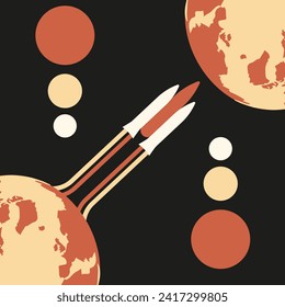 Cartel retro de diseño con cohete en el planeta Orbit. Banner cósmico geométrico de estilo vintage moderno. Diseñar la impresión de camisetas. La ilustración vectorial puede usar la tarjeta de afiches web y de medios sociales. EPS 10