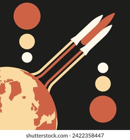 Cartel retro de diseño con cohete en el planeta Orbit. Banner cósmico geométrico de estilo vintage moderno. Diseñar la impresión de camisetas. La ilustración vectorial puede usar la tarjeta de afiches web y de medios sociales. EPS 10