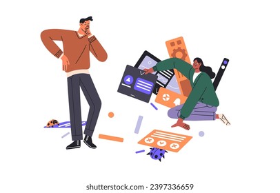 Design review concept. Designer, tester find, fix bugs. People thinking about problems of bad UI in app interface. Usability testing. Programming flat isolated vector illustration on white background