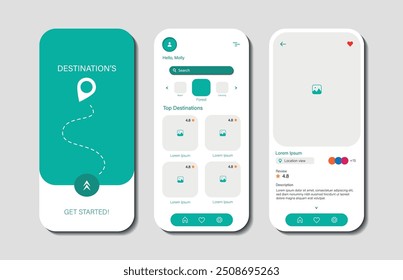 Revisões de design de destinos de férias on-line para aplicativos móveis. Tela de plataforma de revisão de destino turístico de férias. Interface gráfica do usuário para aplicativos móveis ágeis
