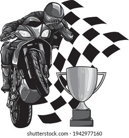 design of Riders on sport motorbike with cup and race flag