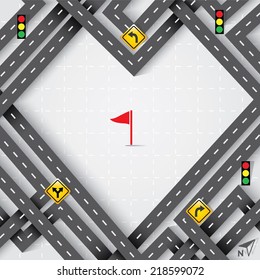 Design Road in The Shape of Heart with Traffic Signs, Travel Con