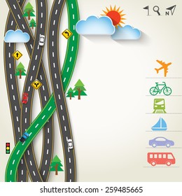 Design Road / Street Frame with Map Pointer, GPS and Transportation Icon Set, Vector Template Background, Illustration EPS 10.