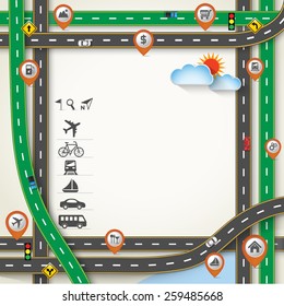 Design Road / Street Frame with Map Pointer, GPS and Transportation Icon Set, Vector Template Background, Illustration EPS 10.