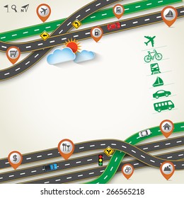 Design Road / Street Frame with Map Pointer and Transportation Icon Set, Travel Concept, Vector Template Background, Illustration EPS 10.