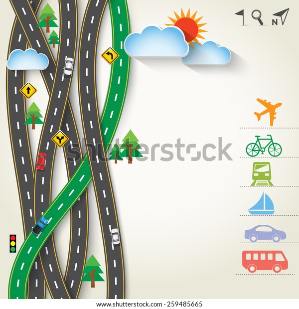 Design Road / Street Frame with Map Pointer, GPS and\
Transportation Icon Set, Vector Template Background, Illustration\
EPS 10.