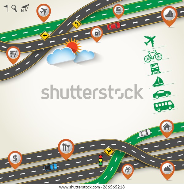 Design Road / Street Frame with Map Pointer and\
Transportation Icon Set, Travel Concept, Vector Template\
Background, Illustration EPS\
10.
