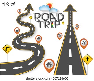 Design Road & Street Template Background with Words "Road Trip" and Map Pointer Icon Set, Vector EPS10.